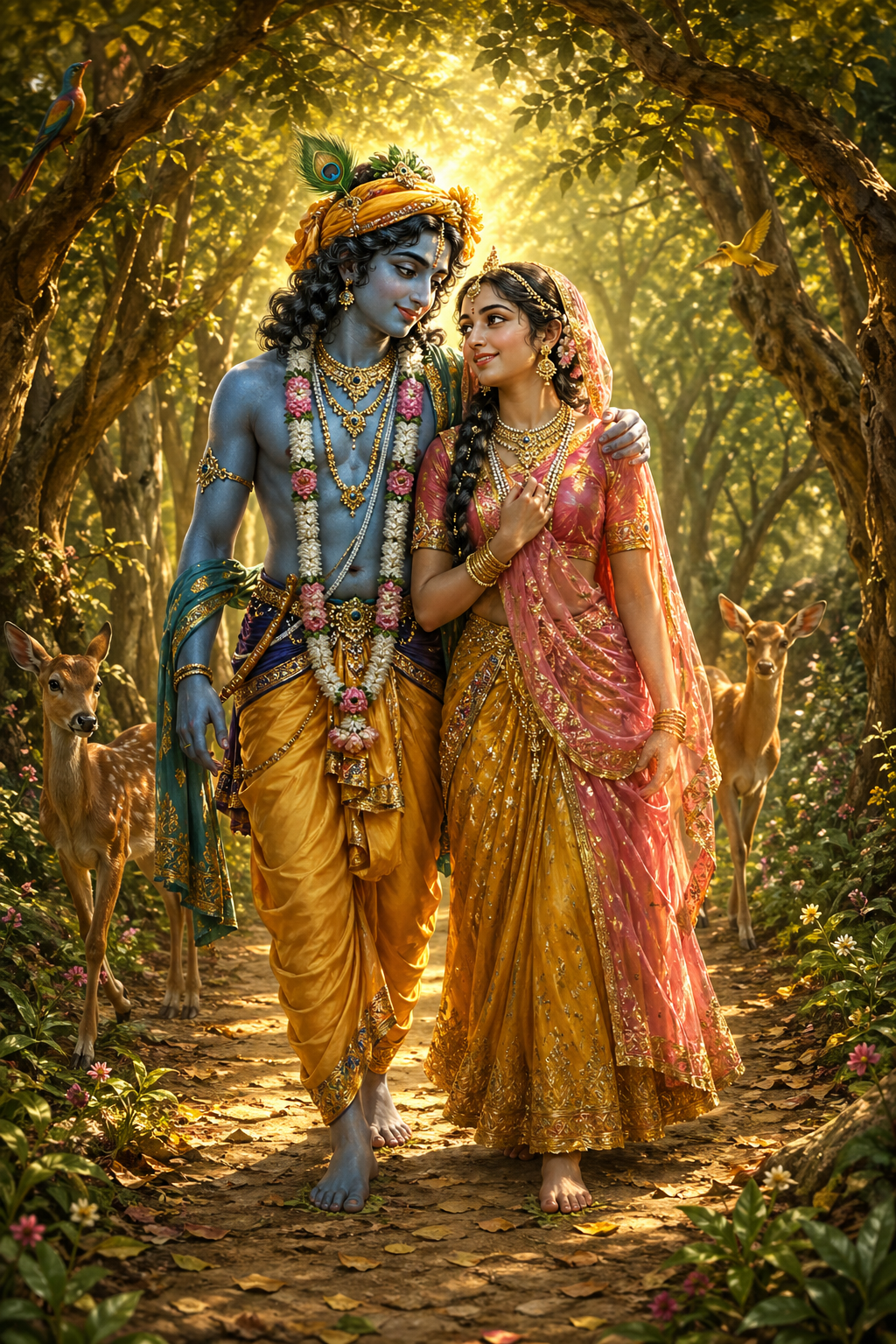Radha and Krishna walking arm in arm on forest trail with golden afternoon light and birds singing — HD wallpaper